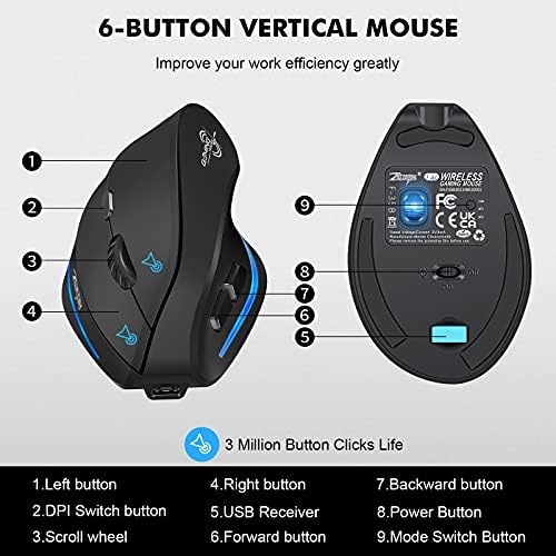 Безжична Ергономична мишка, Вертикална мишка Bluetooth 3 Свързване на устройството (Bluetooth 5.0 + 5.0 + USB) с регулируема резолюция от 3 DPI 2400/1600/1000 Акумулаторни Оптична мишка Ergo