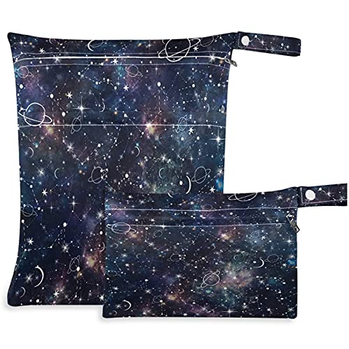 visesunny Magic Star Galaxy Sky 2 бр., Черна Влажна чанта с джобове с цип, Моющаяся Множество Голям Чанта за Памперси за Пътуване,