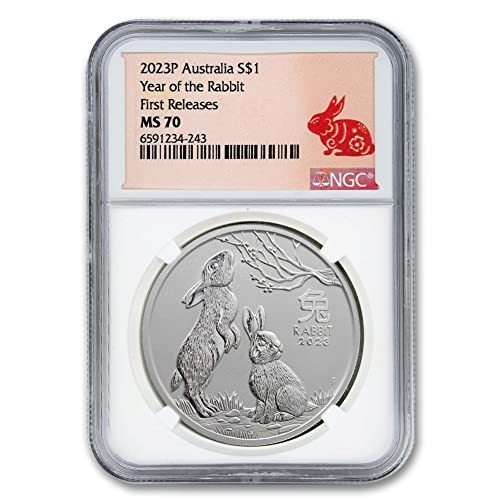 2023 г. Сребърна монета MS-70 австралийската лунна серия III Year of the Rabbit с тегло 1 унция (Първите издания - звукозаписна компания Lunar) за 1 долар NGC MS70