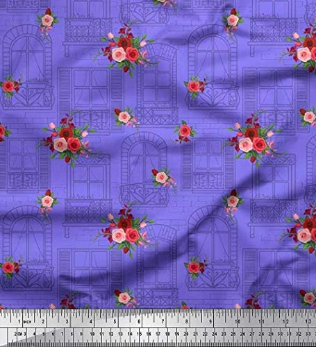 Парцела плат за шиене от futon трикотаж Soimoi ширина 58 см с прозорци, листа и рози с флорални принтом