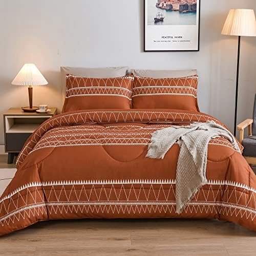 Комплект одеяла Andency Теракота цвят размер King Size, 3 Комплекта легла (1 Одеяло в геометрична ивица в стил бохо и 2 Калъфки за възглавници), Комплект спално бельо от лек н?