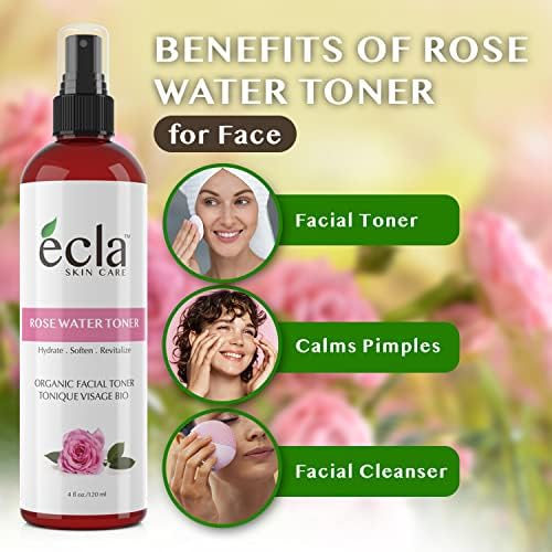 Ecla Skin care Тонер с розова вода (4 грама / 120 мл) - Чист марокански тонер за лице с розова вода - Органична мъгла с розова вода, без ароматизатори и алкохол за всички типове