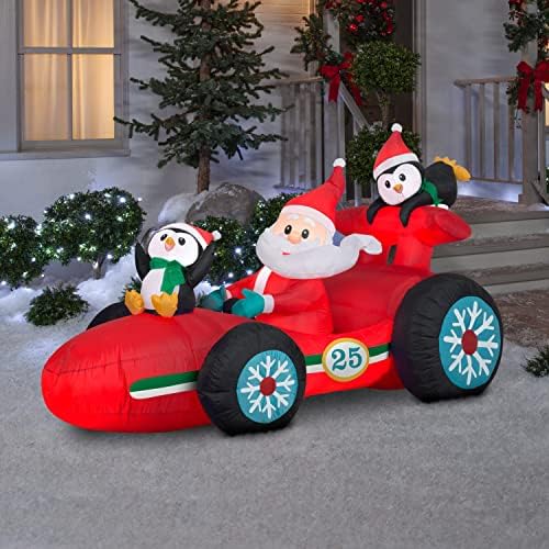 Състезателна машина на дядо коледа на Коледа Gemmy Airblown Раздувная раздувная с пингвини, червен цвят
