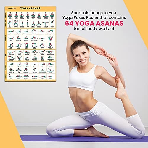 Плакат с позами йога Sportaxis - 64 йога Асани за тренировка на цялото тяло - Ламиниран Плакат с цветни илюстрации за