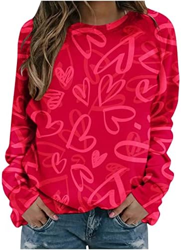 Oplxuo Блузи за Жени, Сладък Тениски с изображение на Сърце Любов, Пуловер с Кръгло Деколте и Дълъг Ръкав, Всекидневни
