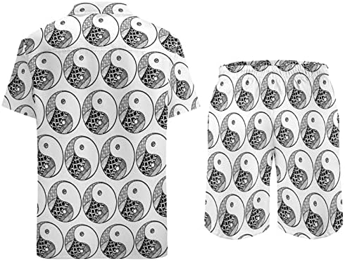 WEEDKEYCAT Yin Yang Черно-Бяло Мъжки Плажни Дрехи от 2 теми, Хавайска Риза с копчета с Къс ръкав и къси Панталони,