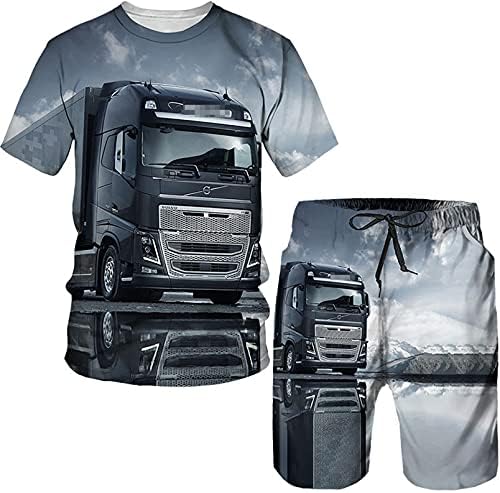 LENG.HILR Big Truck Лятна Мъжка Тениска с 3D Принтом, Комплект Шорти, Костюм, с кръгло деколте и Къс ръкав