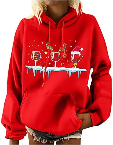 Дамски свободна hoody с качулка във формата на чаша за вино, Коледна новост, пуловер с принтом на съвсем малък, блузи, hoody с дълъг ръкав
