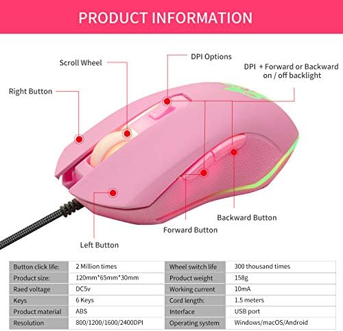Розова Мишка с Тихо щракване, 7 Цвята Оптична мишка Игри с подсветка, Ергономична Жичен Мишка с резолюция от 2400 dpi и