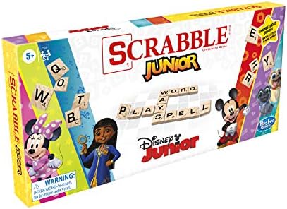 Hasbro Gaming Скрабъл Junior: Настолна игра Disney Junior Edition, Двустранен игрална дъска, играта на думи (специално за )