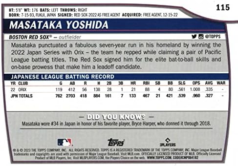 2023 се Оглавява от Големите лиги, бейзбол 115 Masataka Йошида Карта начинаещ Ред Сокс